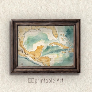 Puede incluir: Un mapa en acuarela enmarcado del Caribe y el Golfo de México, con tonos de azul, verde y marrón. El mapa está en un marco de madera marrón oscuro. El texto "EDprintable Art" está en la parte inferior.