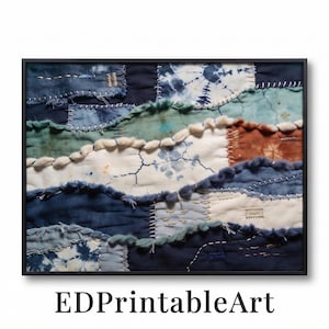 Puede incluir: Arte textil abstracto enmarcado en negro. La obra presenta un diseño de patchwork con varios tonos de azul, blanco y marrón. Las costuras visibles y los elementos texturizados añaden profundidad. El texto "EDPrintableArt" está en la parte inferior.