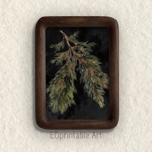 May include: A framed art print featuring a detailed depiction of a pine branch with green and brown needles against a dark background. The wooden frame has rounded corners. The text "EDprintable Art" is at the bottom.