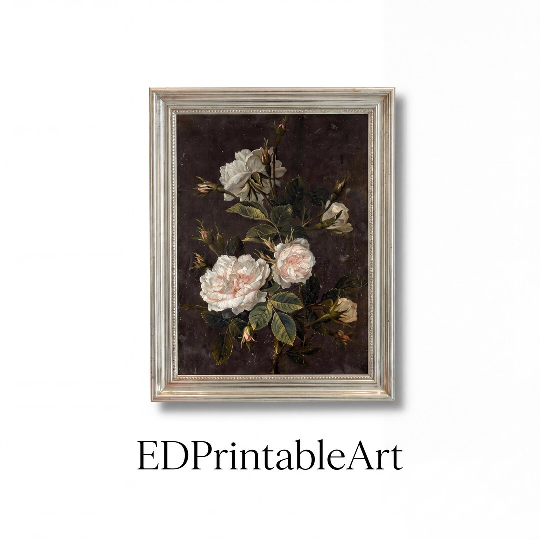 Vintage White Rose Oil Painting, Moody Floral Still Life (digital Art ...