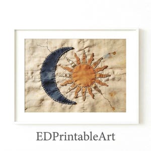 Vintage naszywka z motywem słońca i księżyca – ręcznie haftowana, niebiańska, ludowa dekoracja tekstylna