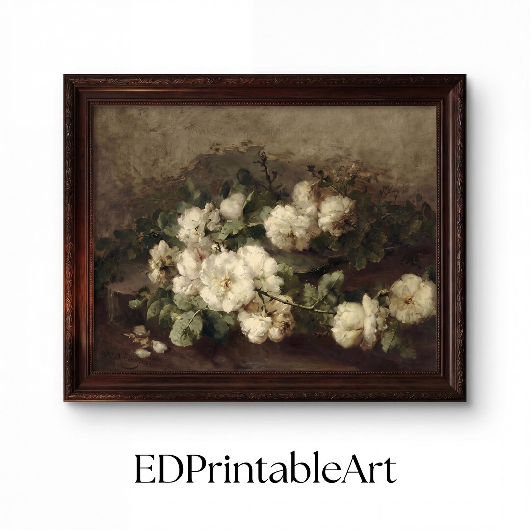 Vintage White Rose Oil Painting Print, Moody Floral Still Life (digital ...