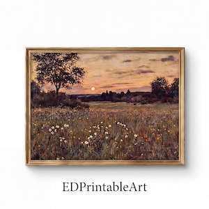 Glühwürmchen Wiese Landschaft Kunstdruck - Vintage Sonnenuntergang Malerei (digitaler Download)