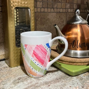 Cheerful hand painted coffee mug, Cheerful coffee cup, Soft colors mug, Dotted mug, Striped mug, Unique mug, Mother’s Day gift, Birthday