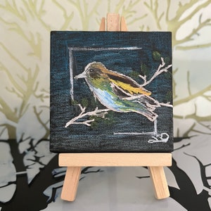Little bird mini canvas, Miniature bird art, Original bird mini art, Black mini canvas, Art on mini easel, Early Christmas gift