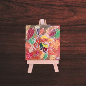 Autumn leaves art on mini canvas, black mini canvas, included easel, free shipping, fall artwork, fall decor,