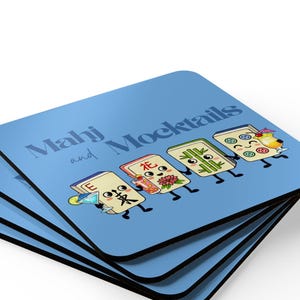 Mahjong und Mocktails Untersetzer Set | Mädchen Spiel Nacht Dekor | Niedlicher Mahj Tile Trinkgefäß Tischschutz | Ein Freundschaftsgeschenk für Mahjongg Fans