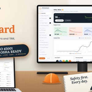 May include: A digital HSE dashboard interface displayed on a computer monitor and laptop screen, featuring charts, incident tracking, and risk metrics. Text includes "HSE Dashboard," "ISO 45001 & OSHA READY," and "Safety first. Every day." on a notepad.