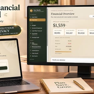Puede incluir: Un portátil y un monitor de ordenador muestran una interfaz de panel financiero con pantalla de inicio de sesión protegida por contraseña, gráficos y tablas de datos. Un cuaderno con el texto Plan, Save, Grow y una taza están en la mesa.