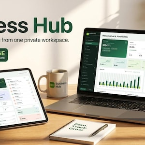 Peut inclure: Une interface logicielle Business Hub affichée sur un ordinateur portable, une tablette et un smartphone. L'écran montre des tableaux de bord financiers avec des accents verts, des graphiques et des données. Un mug avec le logo Business Hub et un carnet avec le texte Plan. Track. Grow. sont présents.