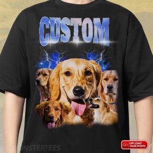 May include: A black t-shirt featuring the word CUSTOM in large blue letters at the top, with a graphic of five golden retriever dogs arranged below. The background behind the dogs includes blue lightning bolts and a dark, atmospheric sky effect.