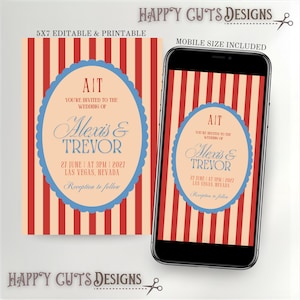 May include: A wedding invitation design featuring a red and cream striped background. The invitation includes the text "Alexis & Trevor" in an oval frame, with the date and location. A mobile phone displays the same design.