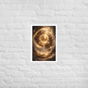 以下が含まれることがあります： ローマ数字が刻まれた詳細な時計の文字盤が、渦巻く金色の銀河の背景に描かれた額入りのアートプリントです。「I am waiting for you. I am you.」というテキストが含まれています。