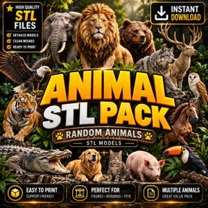 Puede incluir: Una colección digital de modelos de animales imprimibles en 3D que incluye un elefante, león, oso, lobo, ciervo, águila, tigre, búho, cocodrilo, perro, gato, cerdo, caballo y tucán con el texto ANIMAL STL PACK RANDOM ANIMALS STL MODELS.