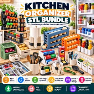 Pode incluir: Uma coleção de produtos de organização de cozinha, incluindo porta-temperos, porta-ovos, dispensadores de latas, caixas de armazenamento e organizadores de utensílios. A imagem contém o texto KITCHEN ORGANIZER STL BUNDLE.