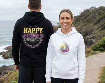 Fit Body Resilient Mind Hoodie | Happy Healthy Empowered, yellow purple grey logo