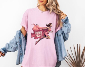 Koszulka Super Mom Superhero | Koszulka z nadrukiem Mom Cape, bawełna barwiona na odzieży