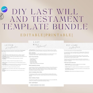 Könnte beinhalten: Ein DIY-Testament- und Testament-Vorlagenpaket mit den Worten "Editable | Printable" in Gold. Das Bild enthält einen Anweisungsschreiben, ein Testament und Anweisungen zur Haustierpflege.