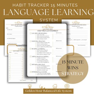 May include: A language learning system with a habit tracker. The design features a gold and white color scheme with the text "15 Minute Wins Language Learning System." The system includes goal setting, inspiration, and progress tracking pages.