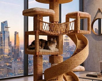 Luxury Wooden Cat Tree Tower, Personalized Jute Cat Condo, Modern Multi-Level Cat Furniture, Handcrafted Sturdy Cat Gym