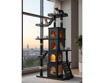 Luxe zwarte krabpaaltoren, modern kattenappartement met meerdere verdiepingen, houten kattenmeubel voor binnen, klimsportschool grote kat