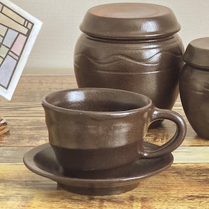 Onggi Tea Cup with Saucer, Traditional Korean Pottery Drinkware