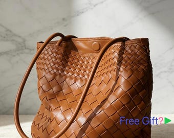 Woven Lambskin Bucket Bag, Minimalist Large Capacity Shoulder Handbag