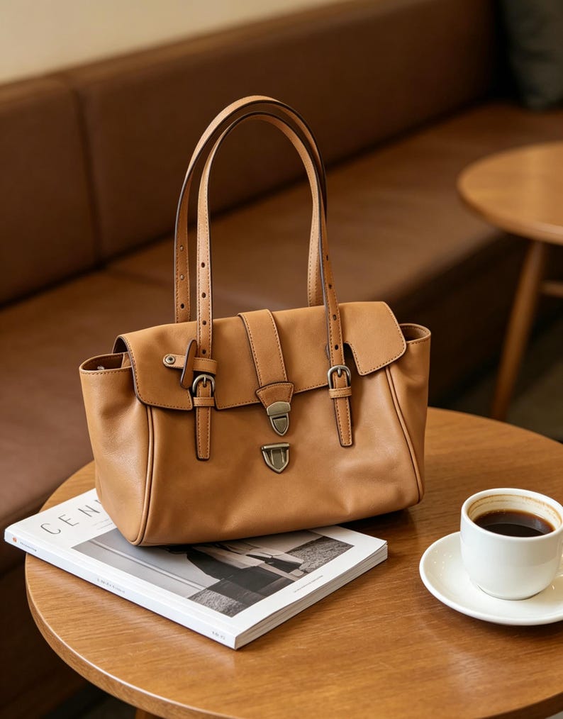 May include: A tan leather handbag with a rectangular shape, featuring a flap closure secured by a metal clasp and two buckles. The bag has two top handles and is sitting on a wooden table next to a cup of coffee and a magazine.