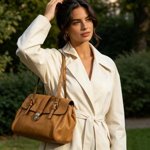 May include: A tan leather satchel bag with a flap closure, buckles, and a silver clasp. The bag has a shoulder strap. The person is wearing a cream trench coat. The bag is a classic style.