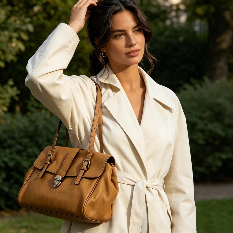 May include: A tan leather satchel bag with a flap closure, buckles, and a silver clasp. The bag has a shoulder strap. The person is wearing a cream trench coat. The bag is a classic style.