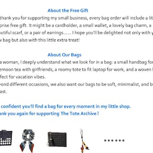 May include: The image showcases a selection of accessories, such as a cardholder, scarf, and bag. Text includes "About the Free Gift" and "About Our Bags", promoting the shop's products and customer service. The Tote Archive is mentioned.