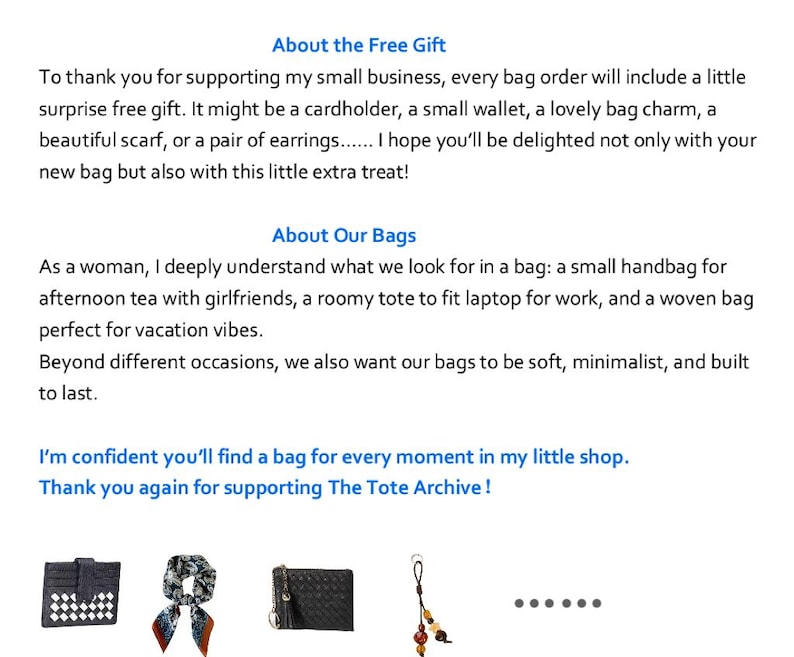 May include: The image showcases a selection of accessories, such as a cardholder, scarf, and bag. Text includes "About the Free Gift" and "About Our Bags", promoting the shop's products and customer service. The Tote Archive is mentioned.