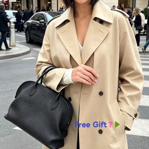 Bolso bowling de piel granulada color lichi, bolso de mano de piel auténtica suave, bolso de hombro minimalista para mujer.
