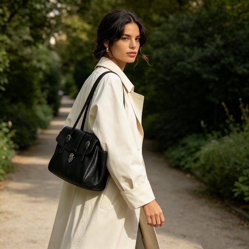 May include: A black leather satchel bag with a flap closure, silver-tone hardware, and a top handle. The bag is carried over the shoulder. The person is wearing a cream-coloured trench coat.