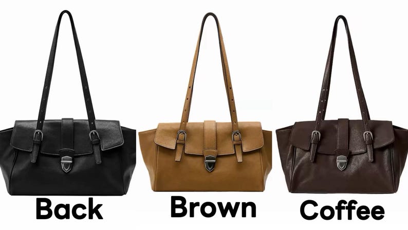 May include: Three leather tote bags in black, brown, and coffee colours. Each bag has a flap closure with a silver-tone buckle, adjustable shoulder straps, and a top handle. The words "Back", "Brown", and "Coffee" are written below each bag.
