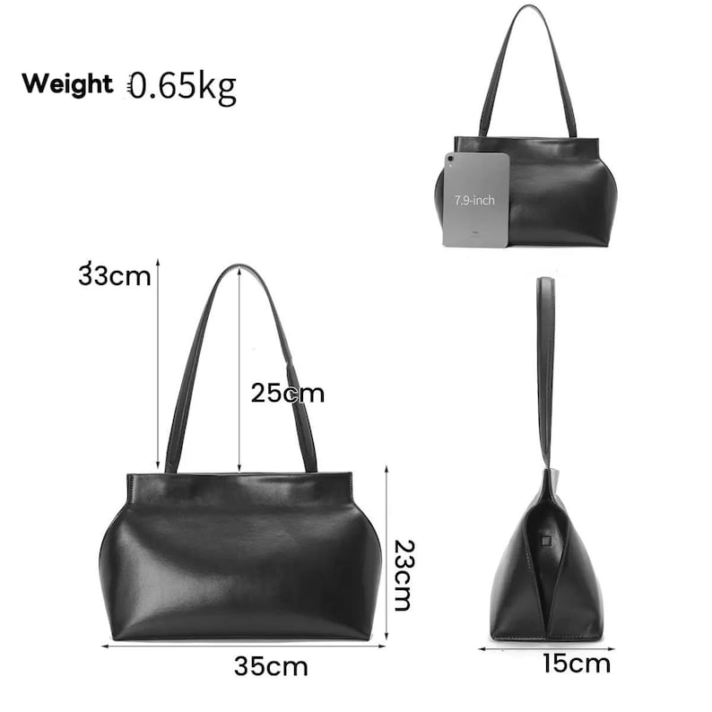 May include: Black handbag with a rectangular shape, featuring a top handle. The bag is 13.8 inches wide, 9.1 inches tall, and 5.9 inches deep. The handle is 9.8 inches long. The bag weighs 1.43 pounds.