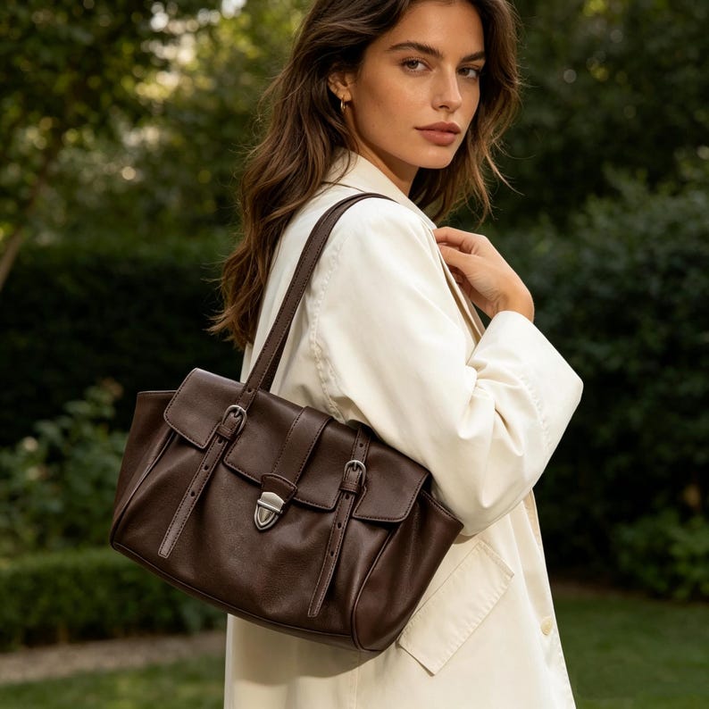 May include: A dark brown leather handbag with a rectangular shape. The bag features two front flaps secured with silver buckles and straps. The bag has a top handle and a shoulder strap. The background is a blurred green outdoor scene.