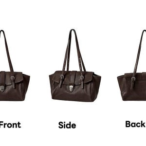 May include: A brown leather handbag with a flap closure and adjustable shoulder straps. The bag has silver-coloured buckles and a rectangular shape. The image shows the front, side, and back views of the bag.
