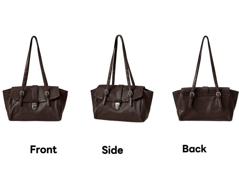 May include: A brown leather handbag with a flap closure and adjustable shoulder straps. The bag has silver-coloured buckles and a rectangular shape. The image shows the front, side, and back views of the bag.
