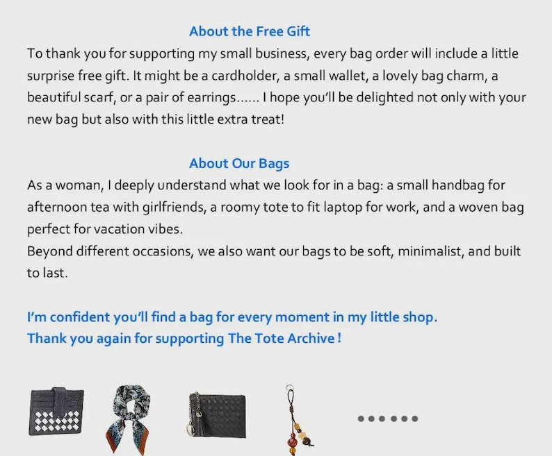 以下が含まれることがあります： The Tote Archiveの無料ギフトとバッグコレクションに関するテキストが記載されたデジタル画像。テキストには「About the Free Gift」と「About Our Bags」のセクションが含まれています。テキストの下には、カードホルダー、スカーフ、財布、バッグチャームの画像が並んでいます。