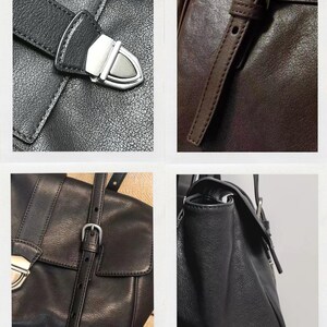 May include: Close-up shots of a black leather handbag with silver-tone hardware. The bag features a flap closure with a buckle and a shoulder strap. The leather has a textured appearance.