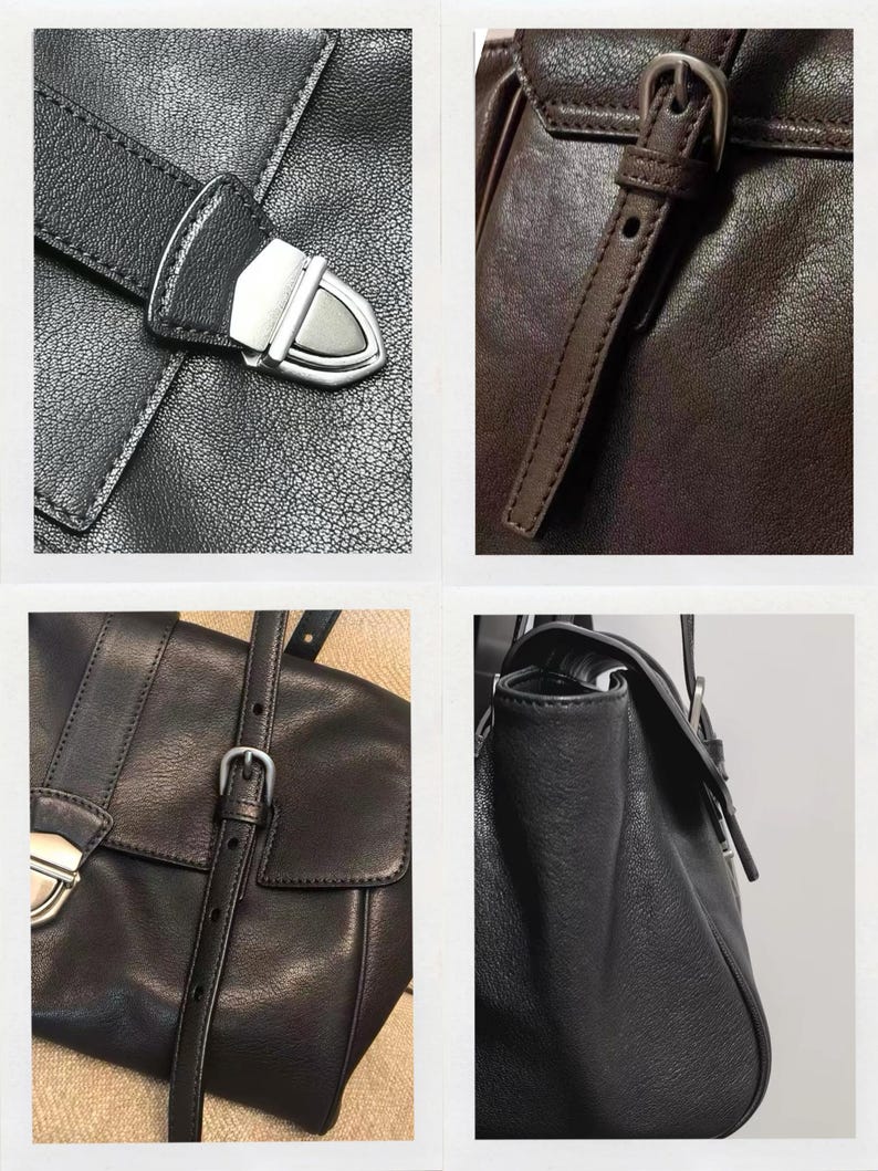 May include: Close-up shots of a black leather handbag with silver-tone hardware. The bag features a flap closure with a buckle and a shoulder strap. The leather has a textured appearance.