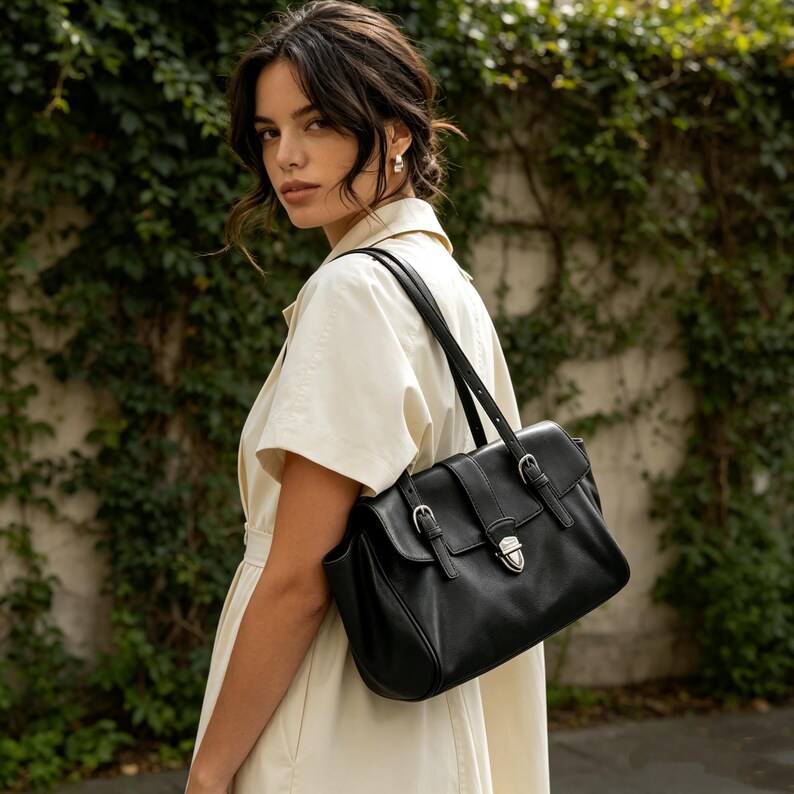 May include: Black leather satchel bag with silver-tone hardware. The bag has a flap closure with two buckle straps and a central clasp. The bag has a structured shape and a long shoulder strap. The background is a green wall of foliage.