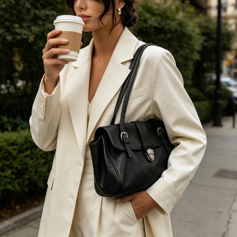May include: A black leather shoulder bag with silver buckles and a clasp. The bag is carried by a person wearing a cream-colored blazer. The background shows greenery and a pavement. The bag has a classic, structured design.