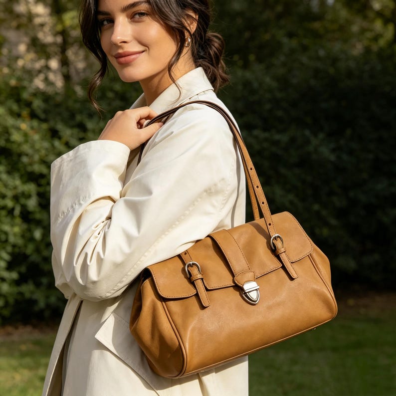 May include: A tan leather satchel bag with a rectangular shape and a flap closure. The bag features silver-coloured buckles and a shoulder strap. The bag is carried over the shoulder.