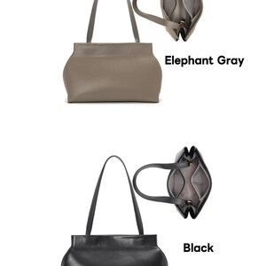 May include: Two leather tote bags, one in elephant gray and the other in black, each with long handles. The bags have a unique, curved design. The text "Elephant Gray" and "Black" are displayed.