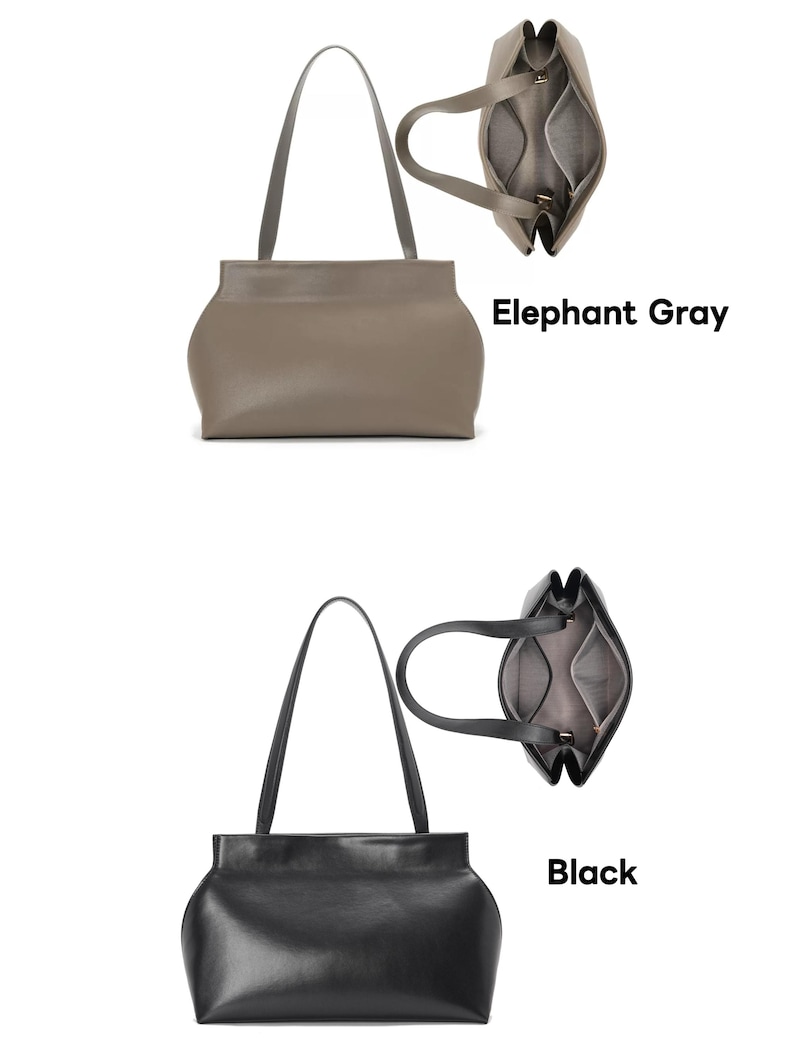 May include: Two leather tote bags, one in elephant gray and the other in black, each with long handles. The bags have a unique, curved design. The text "Elephant Gray" and "Black" are displayed.