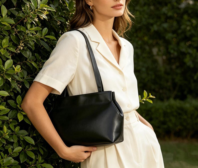 May include: A black leather tote bag with a rectangular shape and a shoulder strap. The bag is held by a person wearing a cream-colored button-down shirt and pants. The background features green foliage.