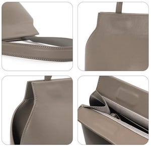 May include: Close-up shots of a taupe-colored handbag. The bag features a structured design with a top handle and a long, thin shoulder strap. The interior lining is visible in one shot.