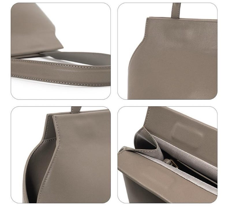 May include: Close-up shots of a taupe-colored handbag. The bag features a structured design with a top handle and a long, thin shoulder strap. The interior lining is visible in one shot.